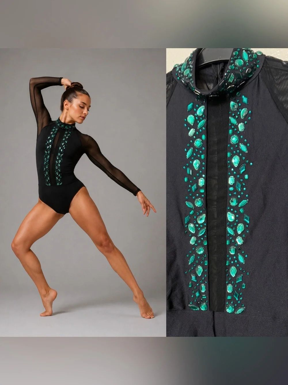 Custom black illusion mesh sleeve Dance Costume emerald green crystal MA adult
